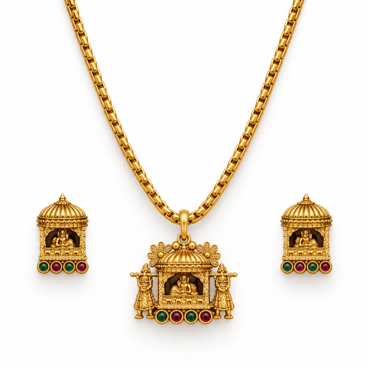 Temple Motif Gold Necklace Set With Pendant Earrings