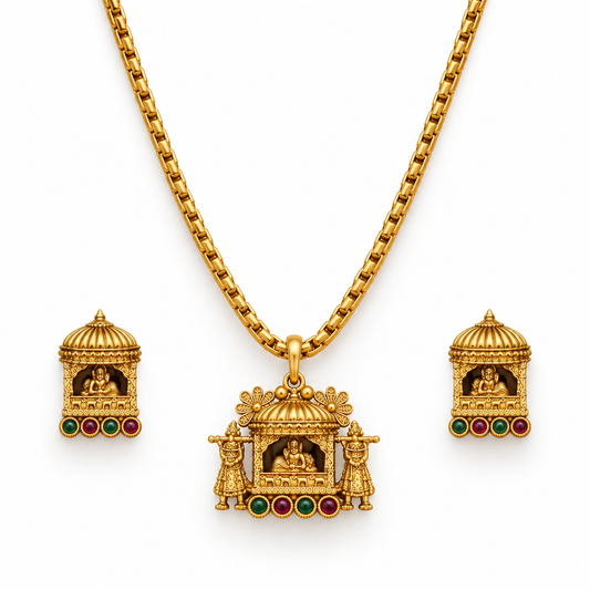 Temple Motif Gold Necklace Set With Pendant Earrings