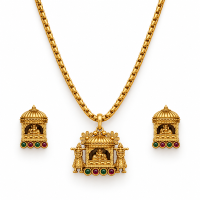 Temple Motif Gold Necklace Set With Pendant Earrings