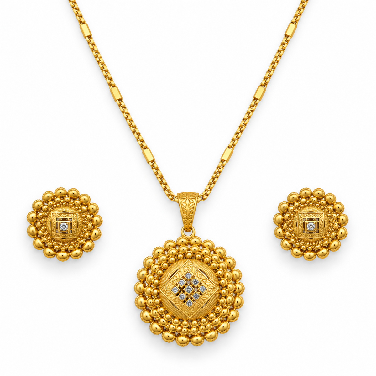 Traditional Gold Bead Pendant Necklace Set For Women