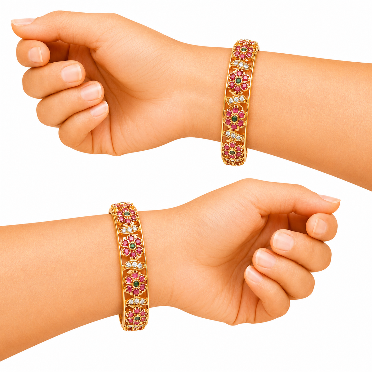 Traditional Gold Ruby Floral Stone Bangles for Women