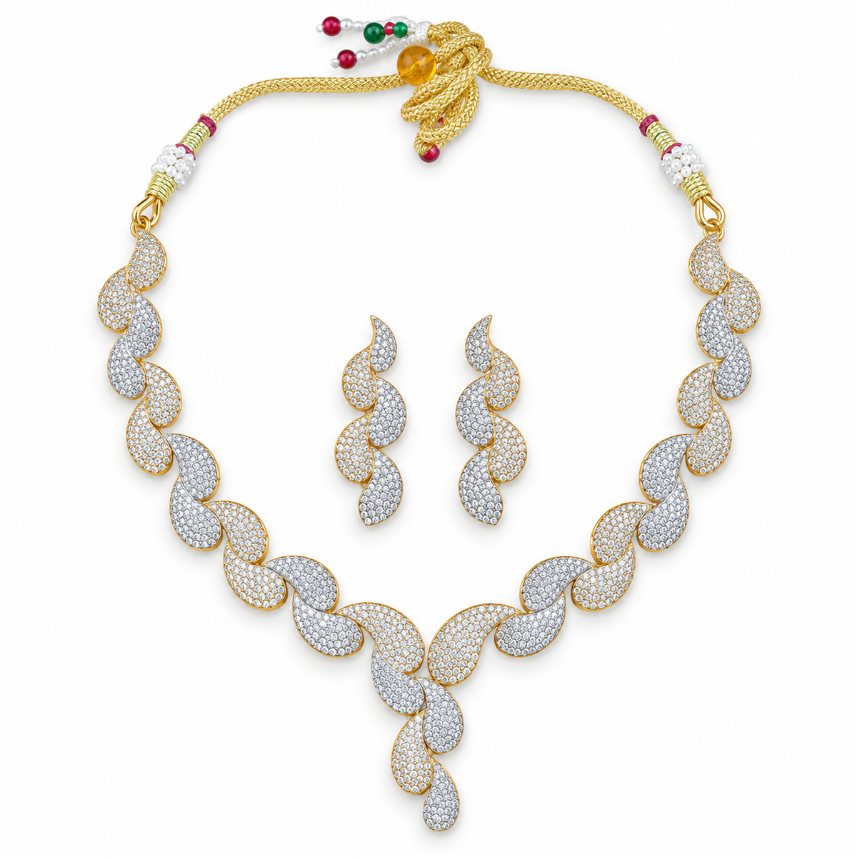Two Tone Leaf Motif Gold Necklace Set With Earrings