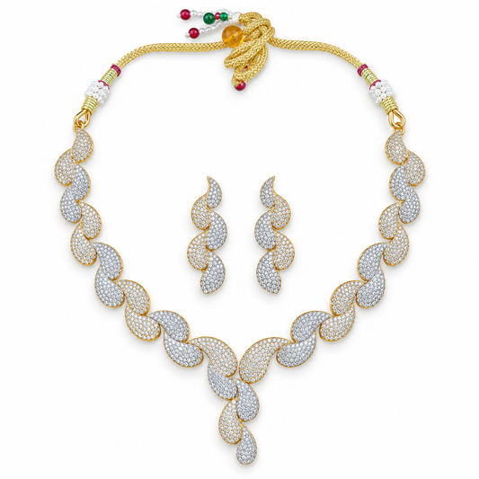 Two Tone Leaf Motif Gold Necklace Set With Earrings