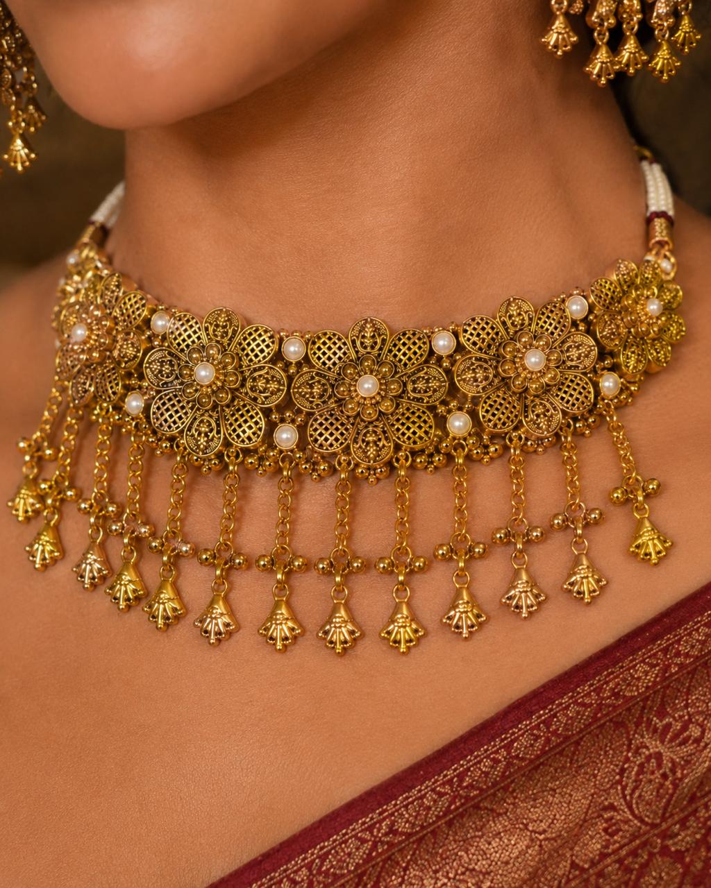 Ankuna Antique Gold Floral Choker Set with Earrings & Maang Tikka