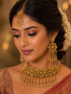 Ankuna Antique Gold Floral Choker Set with Earrings & Maang Tikka