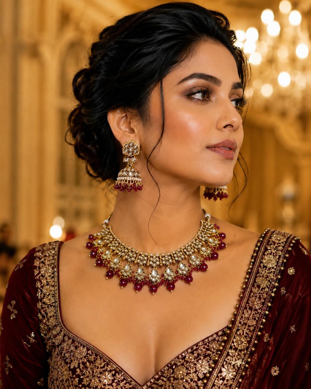 Ankuna Ruby Pearl Kundan Choker Set with Jhumka Earrings