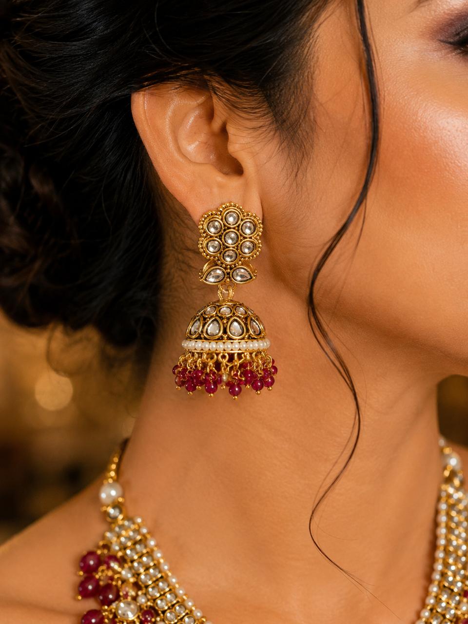 Ankuna Ruby Pearl Kundan Choker Set with Jhumka Earrings