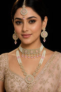 Ankuna Blush Pink Pearl Layered Bridal Necklace Set with Choker, Long Haram, Earrings & Maang Tikka