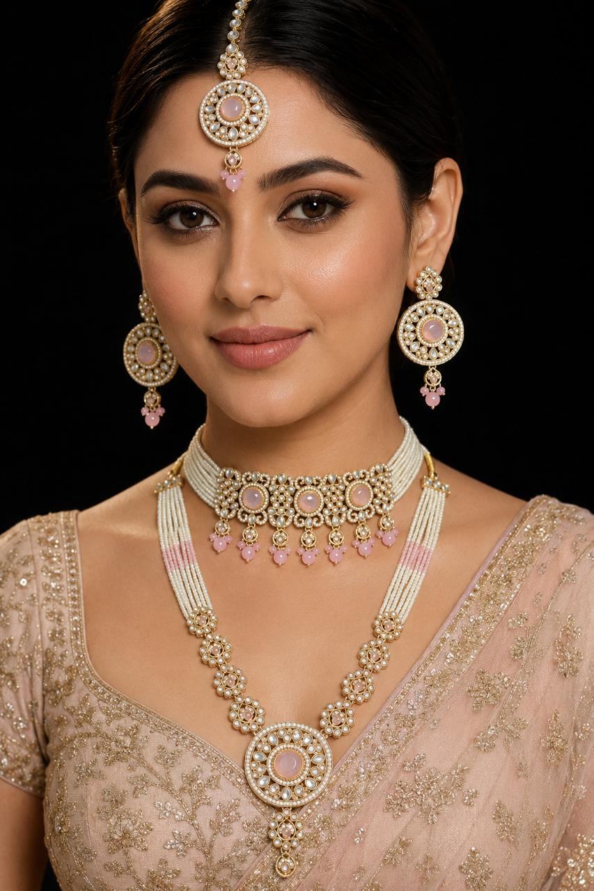 Ankuna Blush Pink Pearl Layered Bridal Necklace Set with Choker, Long Haram, Earrings & Maang Tikka
