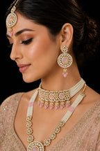 Ankuna Blush Pink Pearl Layered Bridal Necklace Set with Choker, Long Haram, Earrings & Maang Tikka