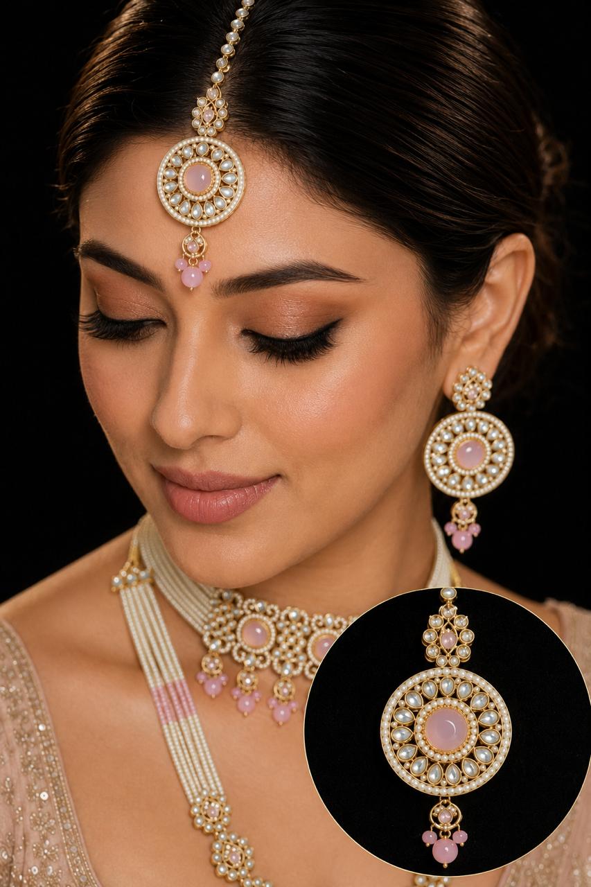 Ankuna Blush Pink Pearl Layered Bridal Necklace Set with Choker, Long Haram, Earrings & Maang Tikka