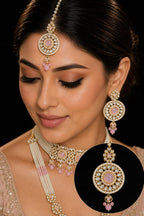 Ankuna Blush Pink Pearl Layered Bridal Necklace Set with Choker, Long Haram, Earrings & Maang Tikka