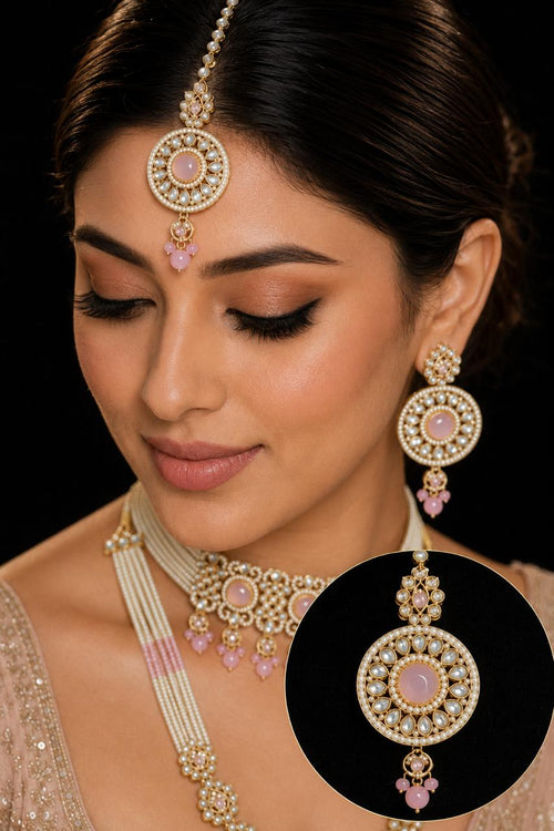 Ankuna Blush Pink Pearl Layered Bridal Necklace Set with Choker, Long Haram, Earrings & Maang Tikka