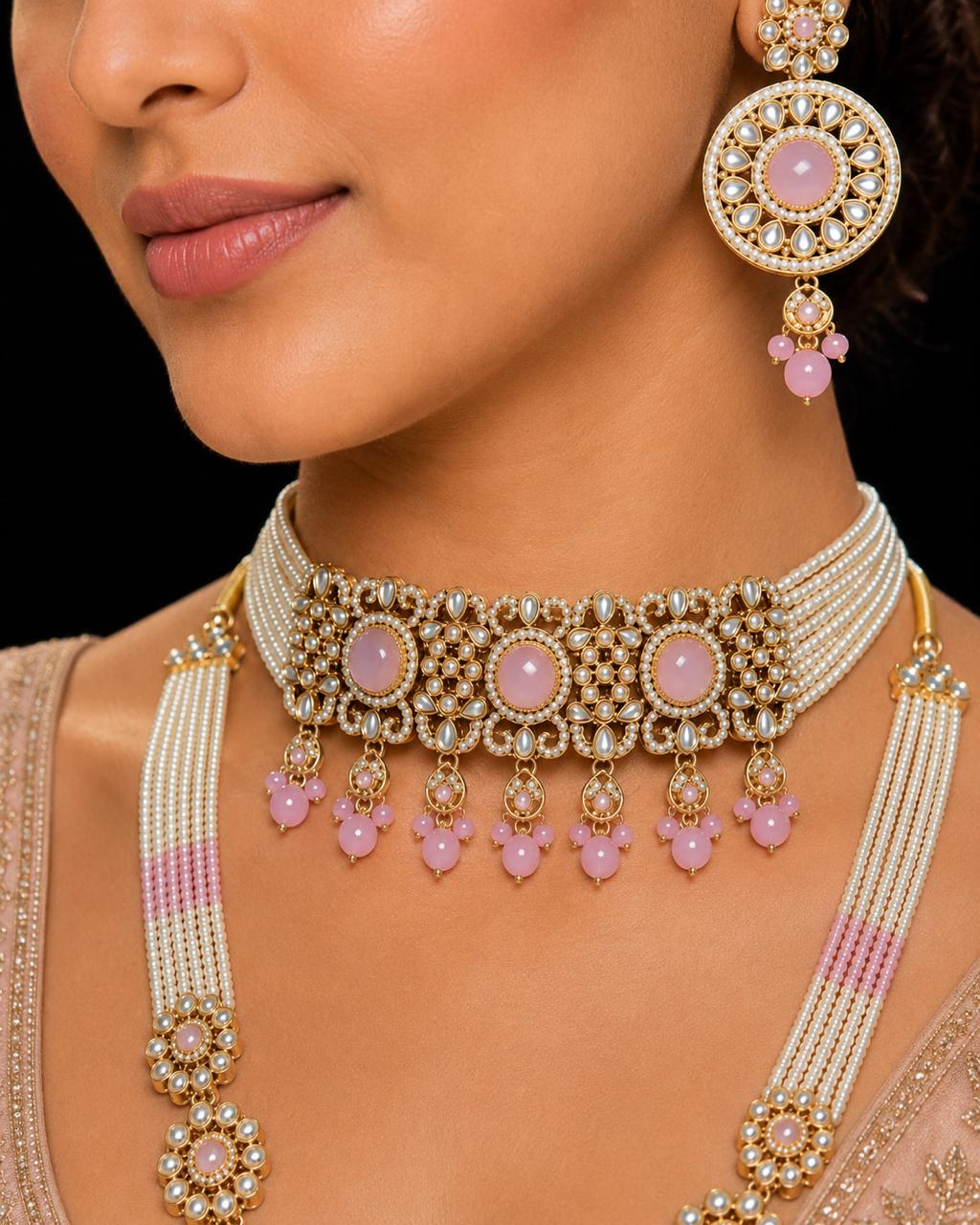 Ankuna Blush Pink Pearl Layered Bridal Necklace Set with Choker, Long Haram, Earrings & Maang Tikka