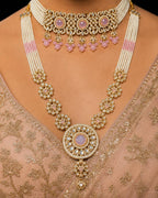 Ankuna Blush Pink Pearl Layered Bridal Necklace Set with Choker, Long Haram, Earrings & Maang Tikka