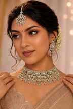 Ankuna Pastel Pearl Kundan Bridal Choker Set with Earrings & Maang Tikka