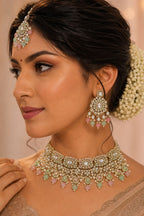 Ankuna Pastel Pearl Kundan Bridal Choker Set with Earrings & Maang Tikka