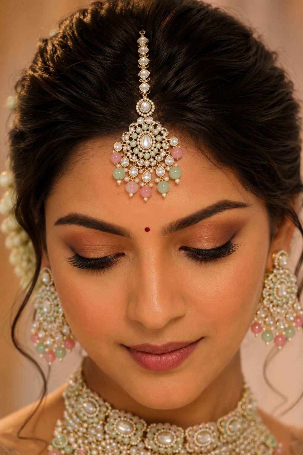 Ankuna Pastel Pearl Kundan Bridal Choker Set with Earrings & Maang Tikka