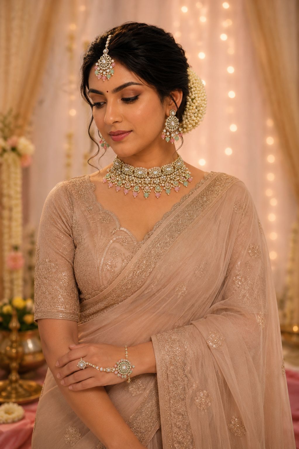 Ankuna Pastel Pearl Kundan Bridal Choker Set with Earrings & Maang Tikka