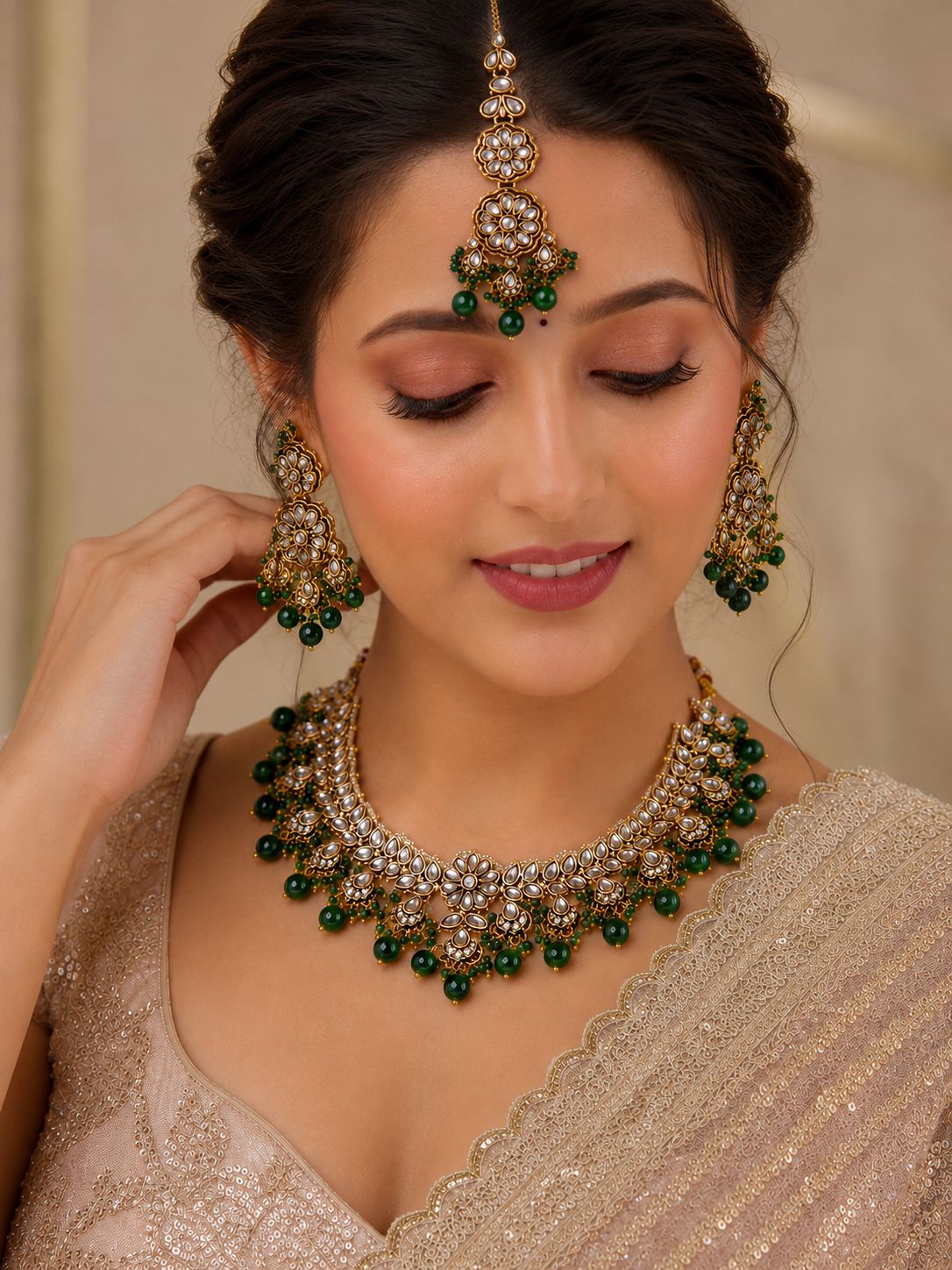 Ankuna Emerald Green Kundan Floral Choker Set with Earrings & Maang Tikka