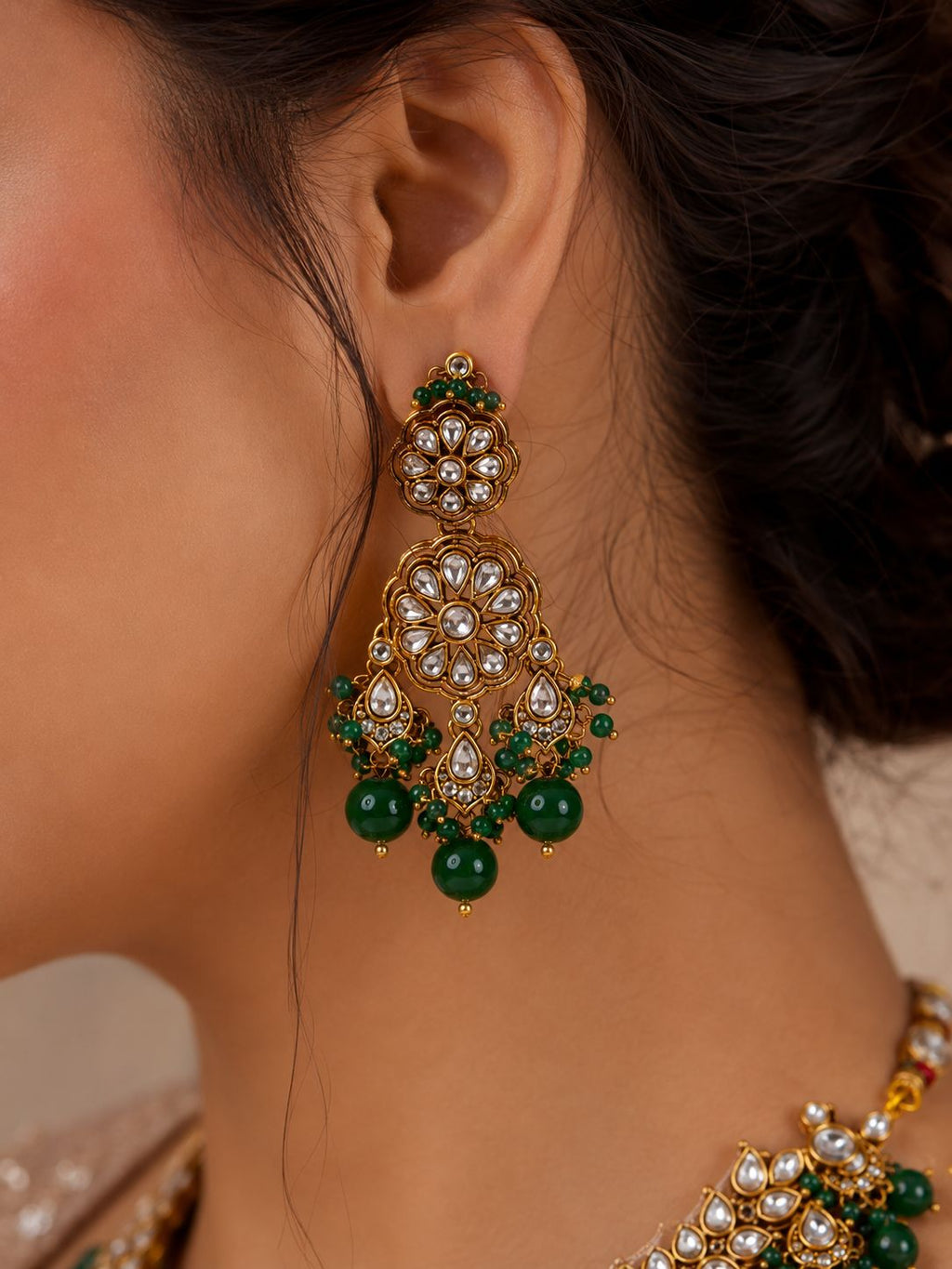 Ankuna Emerald Green Kundan Floral Choker Set with Earrings & Maang Tikka