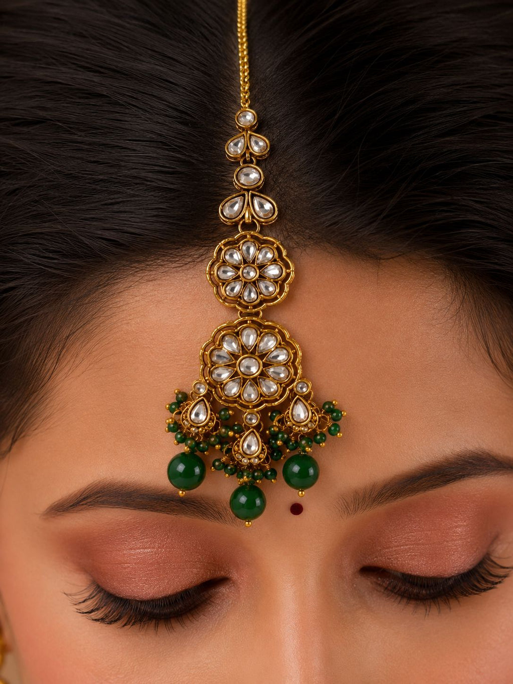 Ankuna Emerald Green Kundan Floral Choker Set with Earrings & Maang Tikka