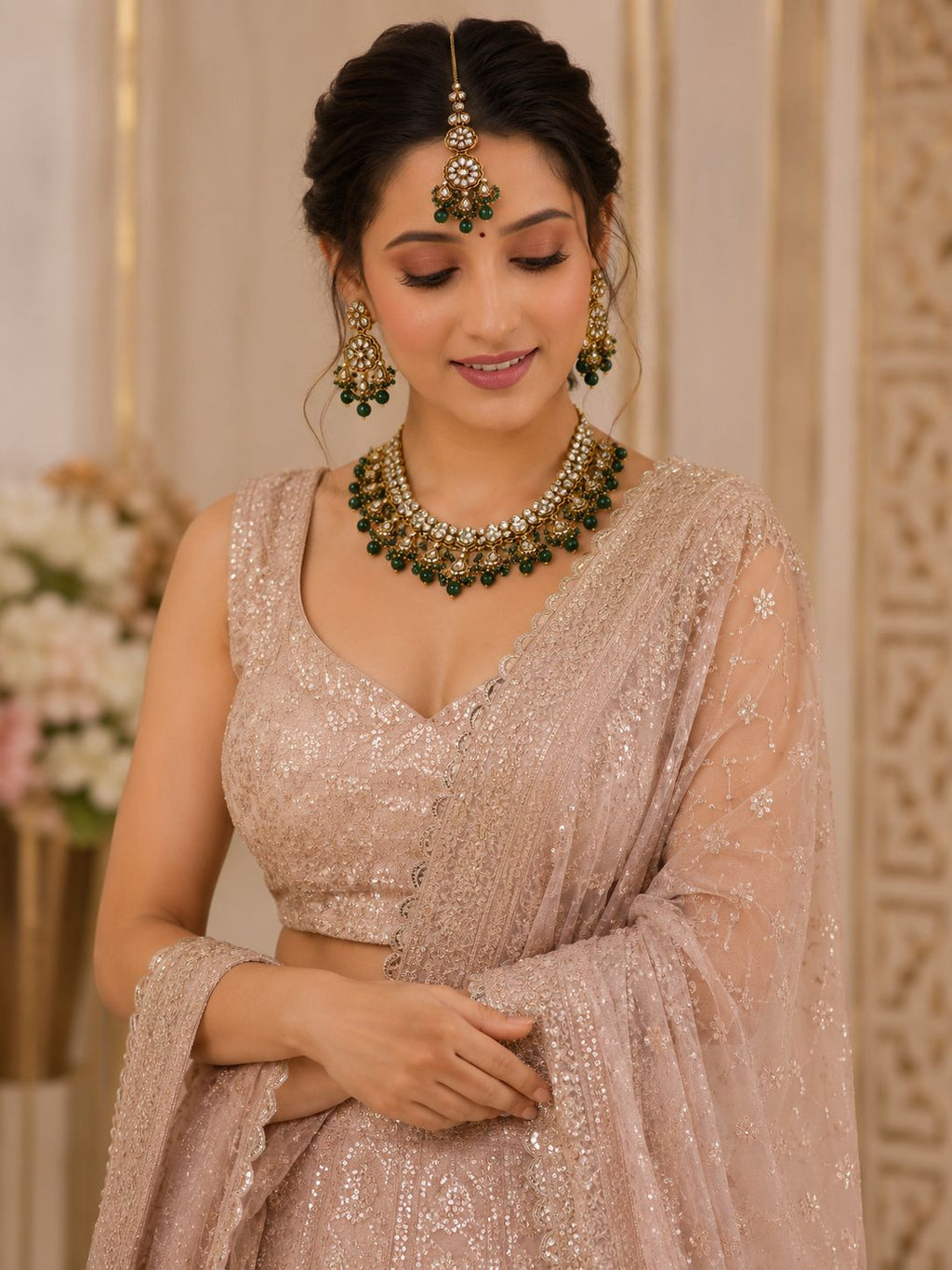 Ankuna Emerald Green Kundan Floral Choker Set with Earrings & Maang Tikka