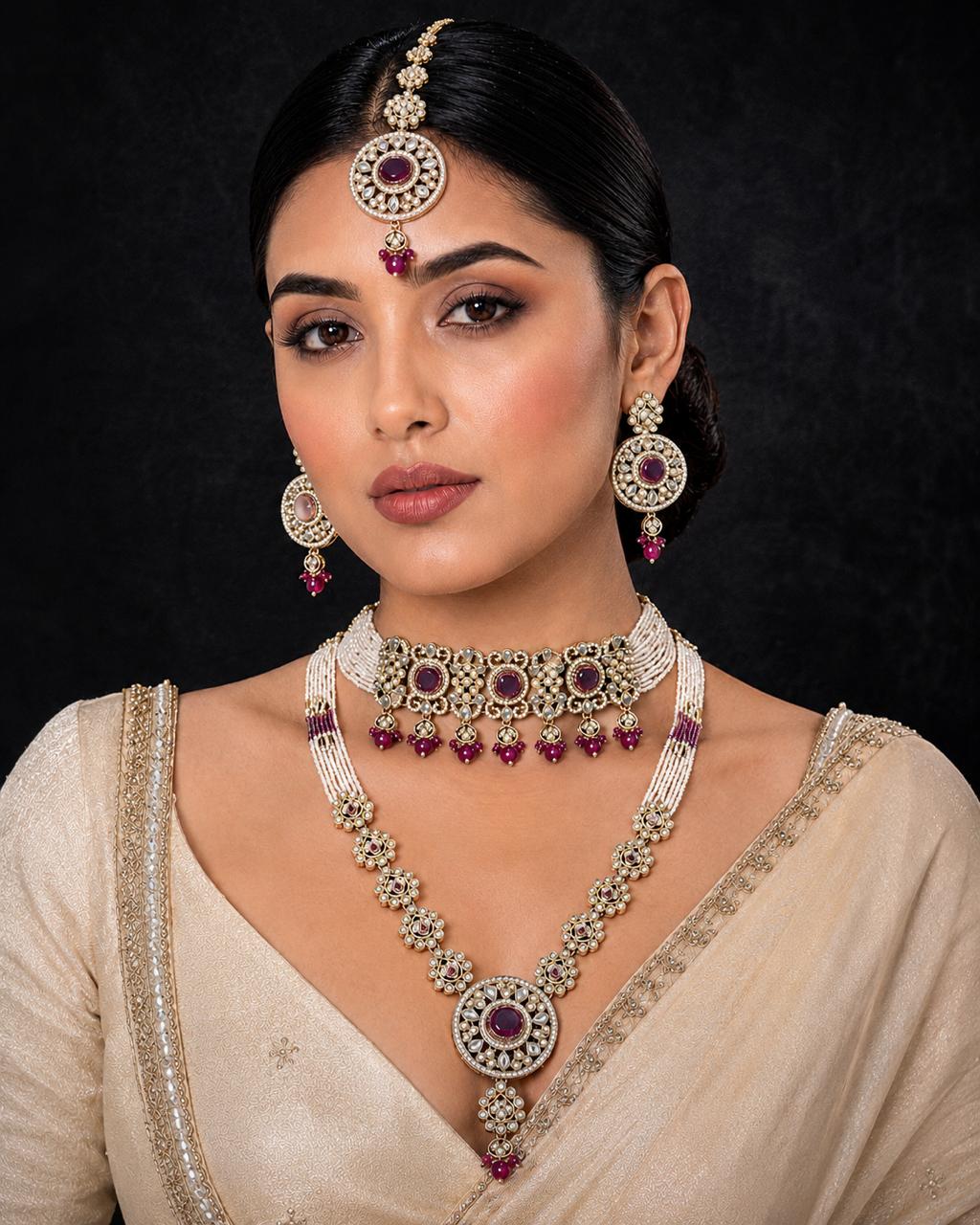 Ankuna Ruby Pearl Layered Bridal Necklace Set with Choker, Long Haram, Earrings & Maang Tikka