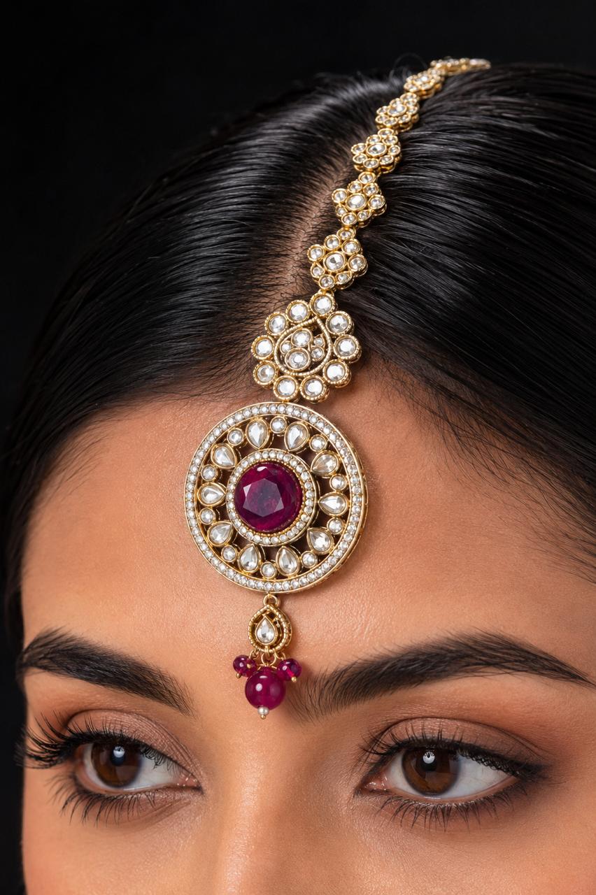 Ankuna Ruby Pearl Layered Bridal Necklace Set with Choker, Long Haram, Earrings & Maang Tikka