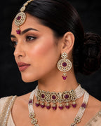 Ankuna Ruby Pearl Layered Bridal Necklace Set with Choker, Long Haram, Earrings & Maang Tikka