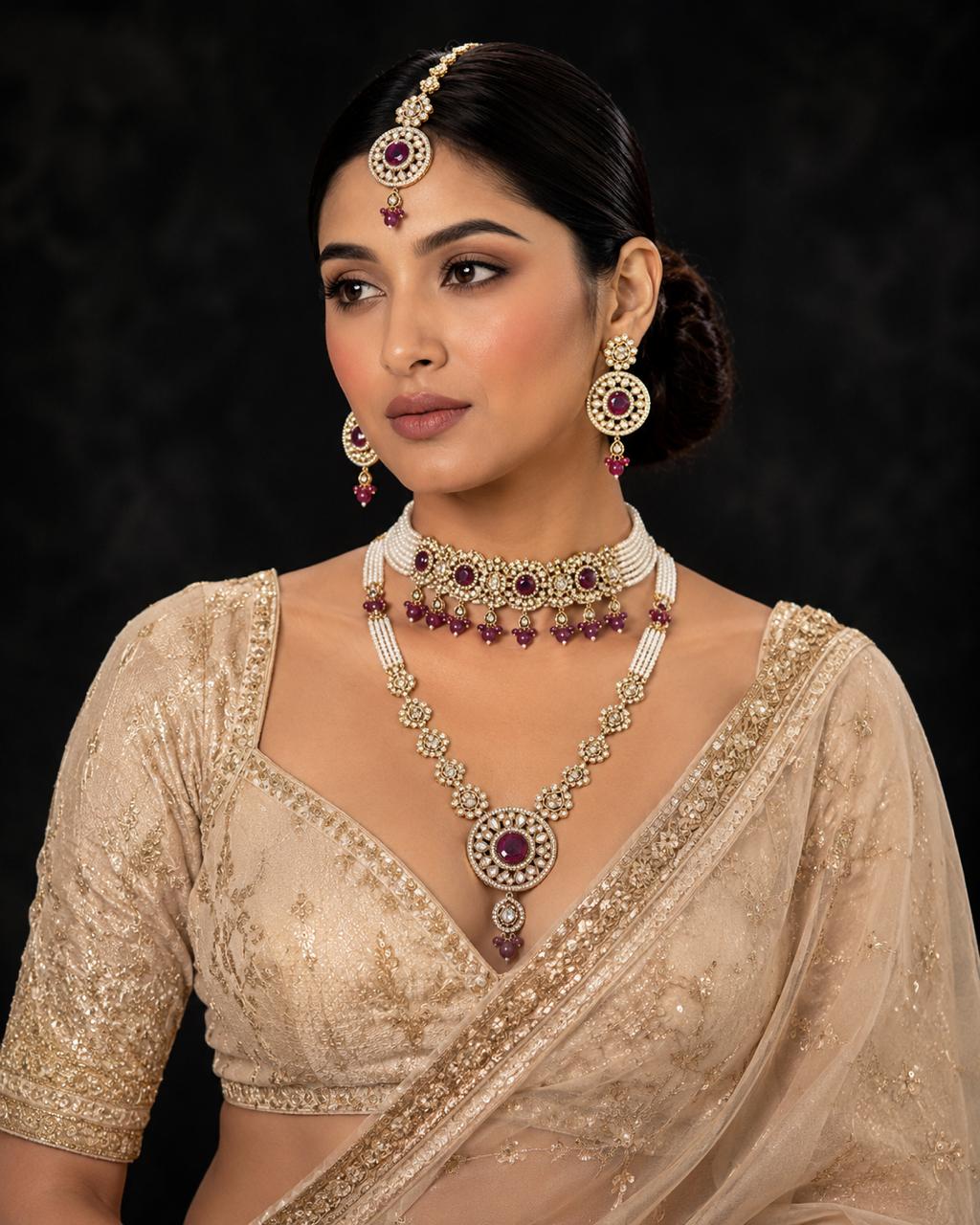 Ankuna Ruby Pearl Layered Bridal Necklace Set with Choker, Long Haram, Earrings & Maang Tikka