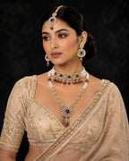Ankuna Ruby Pearl Layered Bridal Necklace Set with Choker, Long Haram, Earrings & Maang Tikka