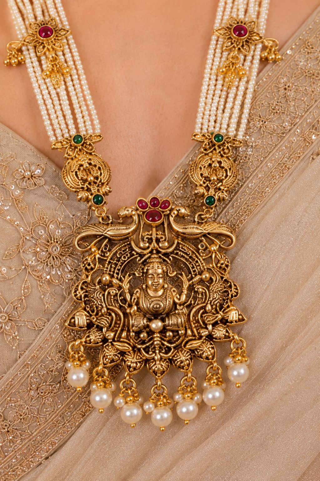 Ankuna Temple Pearl Haram Set with Lakshmi Pendant & Jhumka Earrings