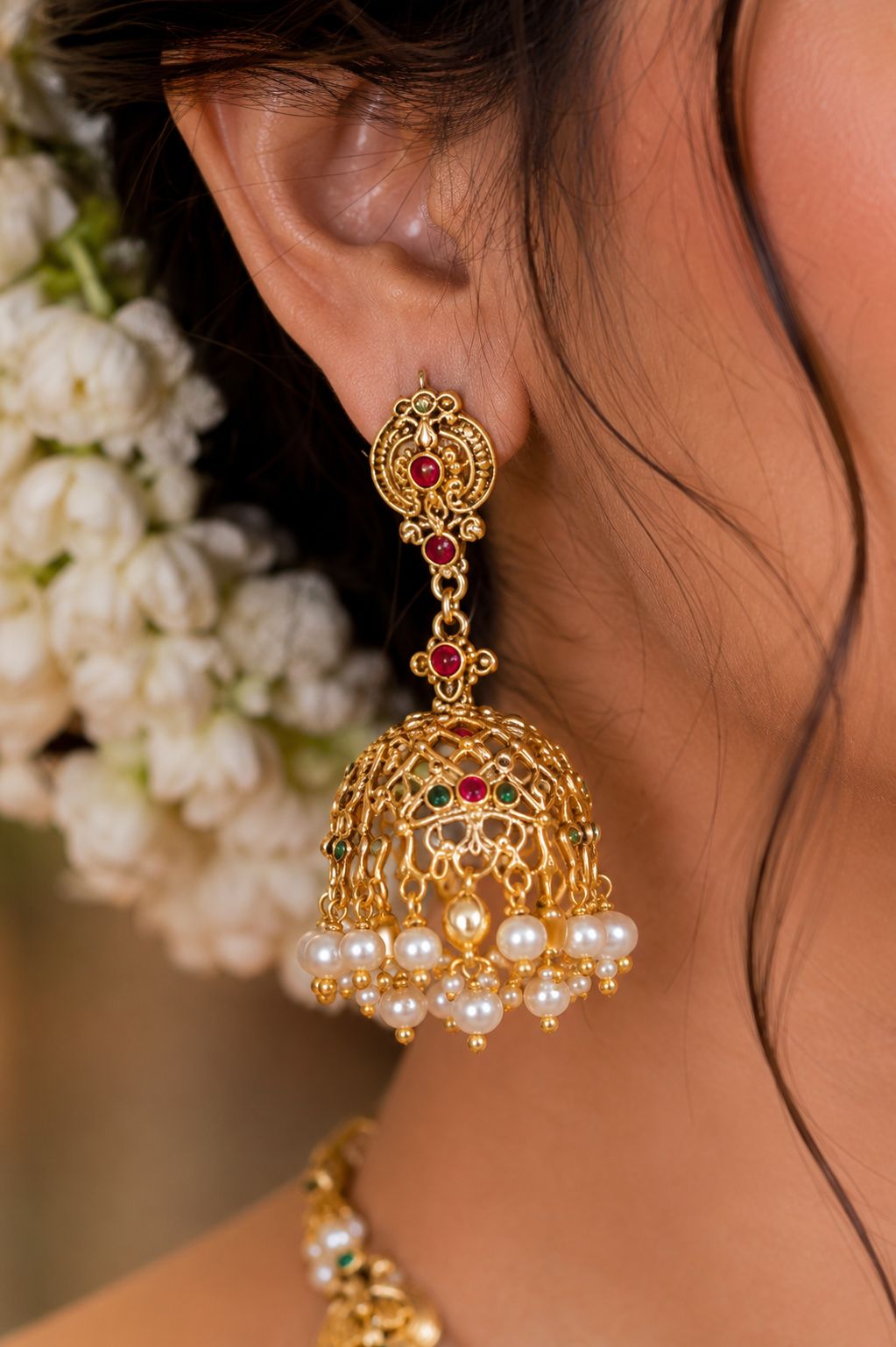 Ankuna Temple Pearl Haram Set with Lakshmi Pendant & Jhumka Earrings