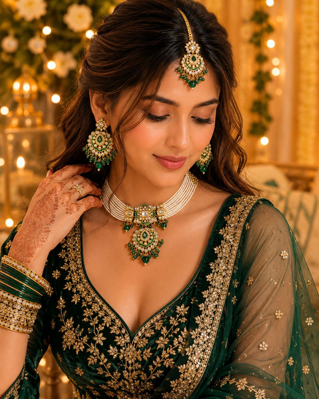 Ankuna Emerald Pearl Kundan Choker Set with Statement Pendant, Earrings & Maang Tikka