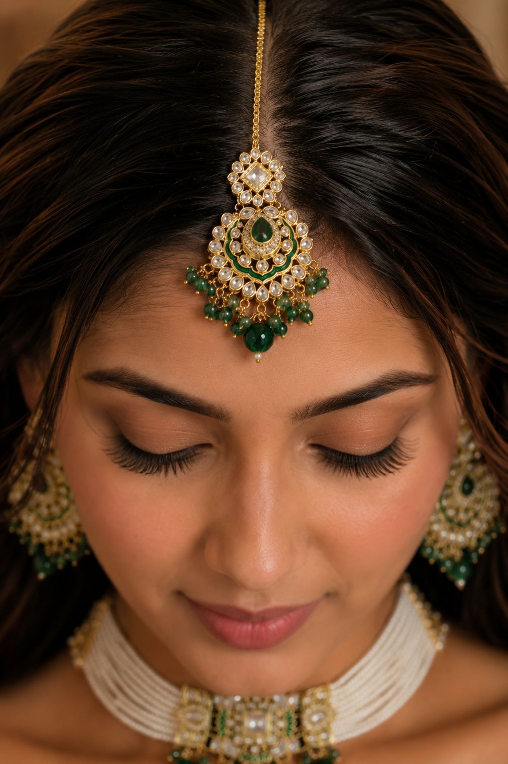 Ankuna Emerald Pearl Kundan Choker Set with Statement Pendant, Earrings & Maang Tikka