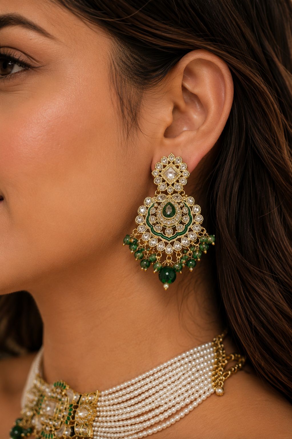 Ankuna Emerald Pearl Kundan Choker Set with Statement Pendant, Earrings & Maang Tikka