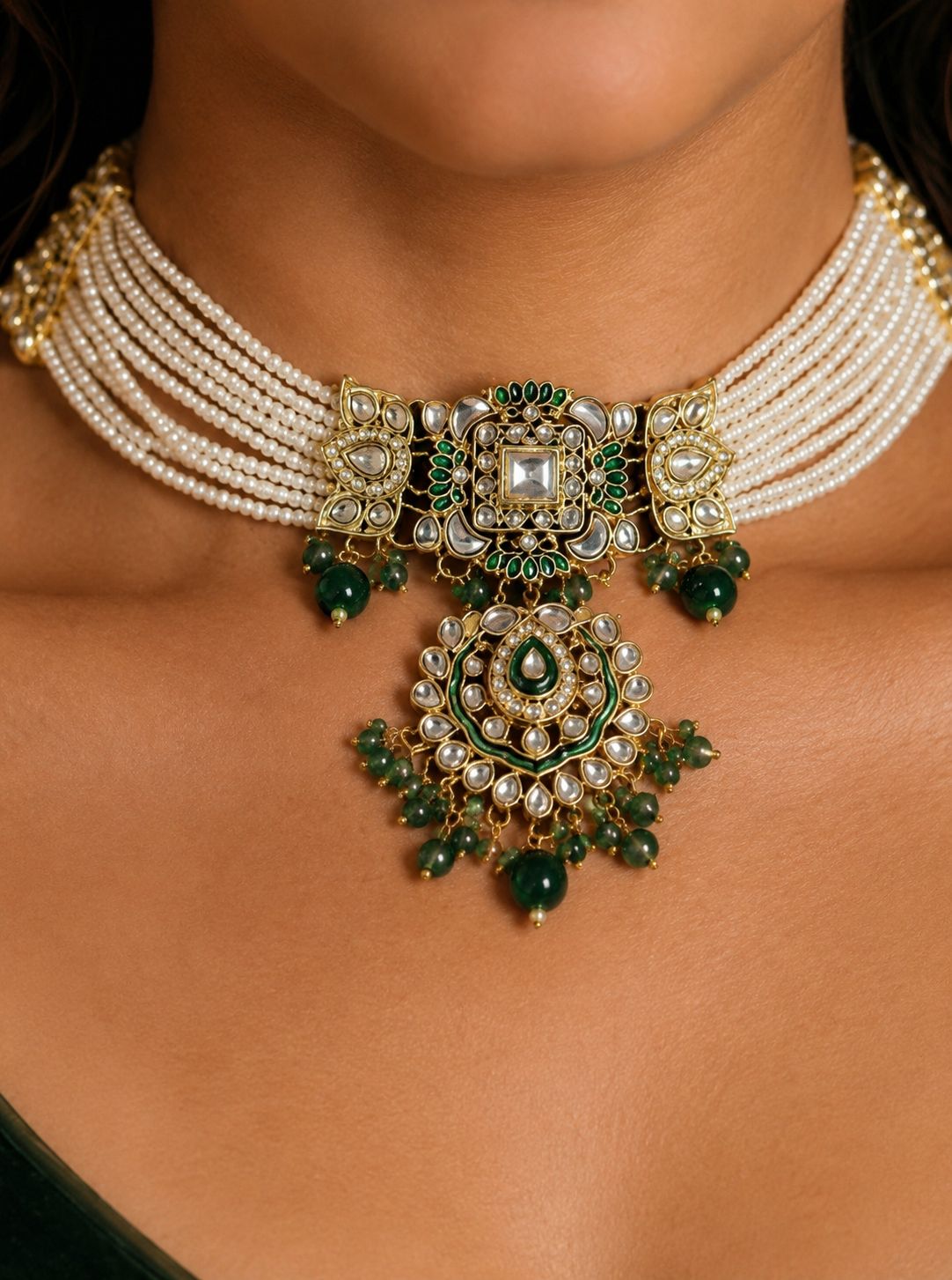 Ankuna Emerald Pearl Kundan Choker Set with Statement Pendant, Earrings & Maang Tikka