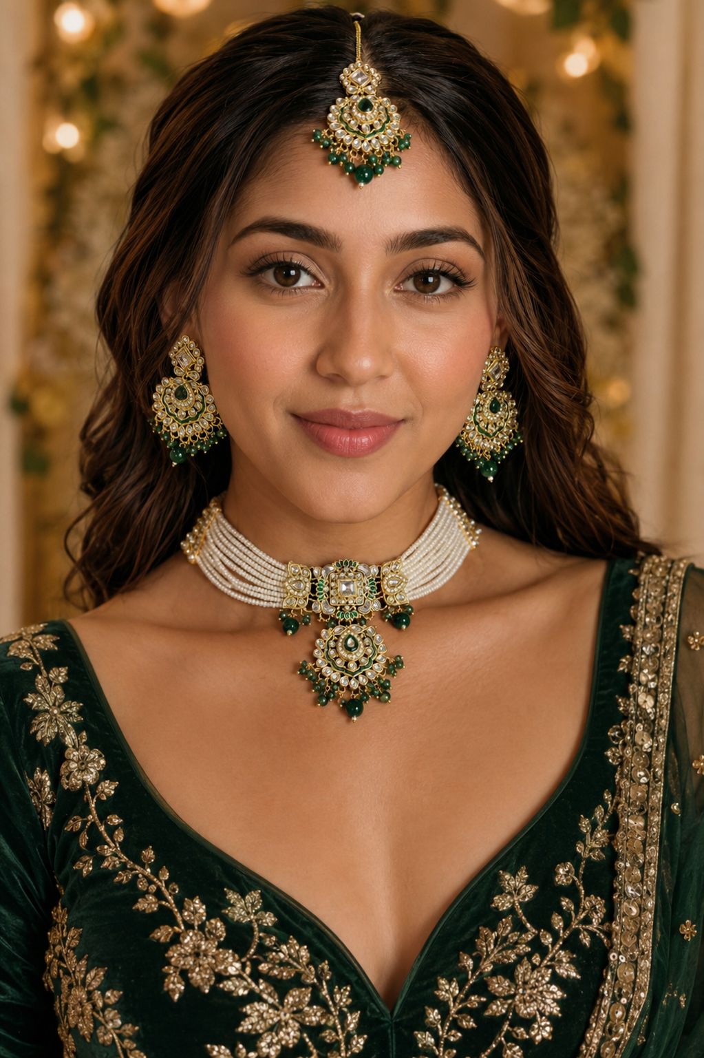 Ankuna Emerald Pearl Kundan Choker Set with Statement Pendant, Earrings & Maang Tikka
