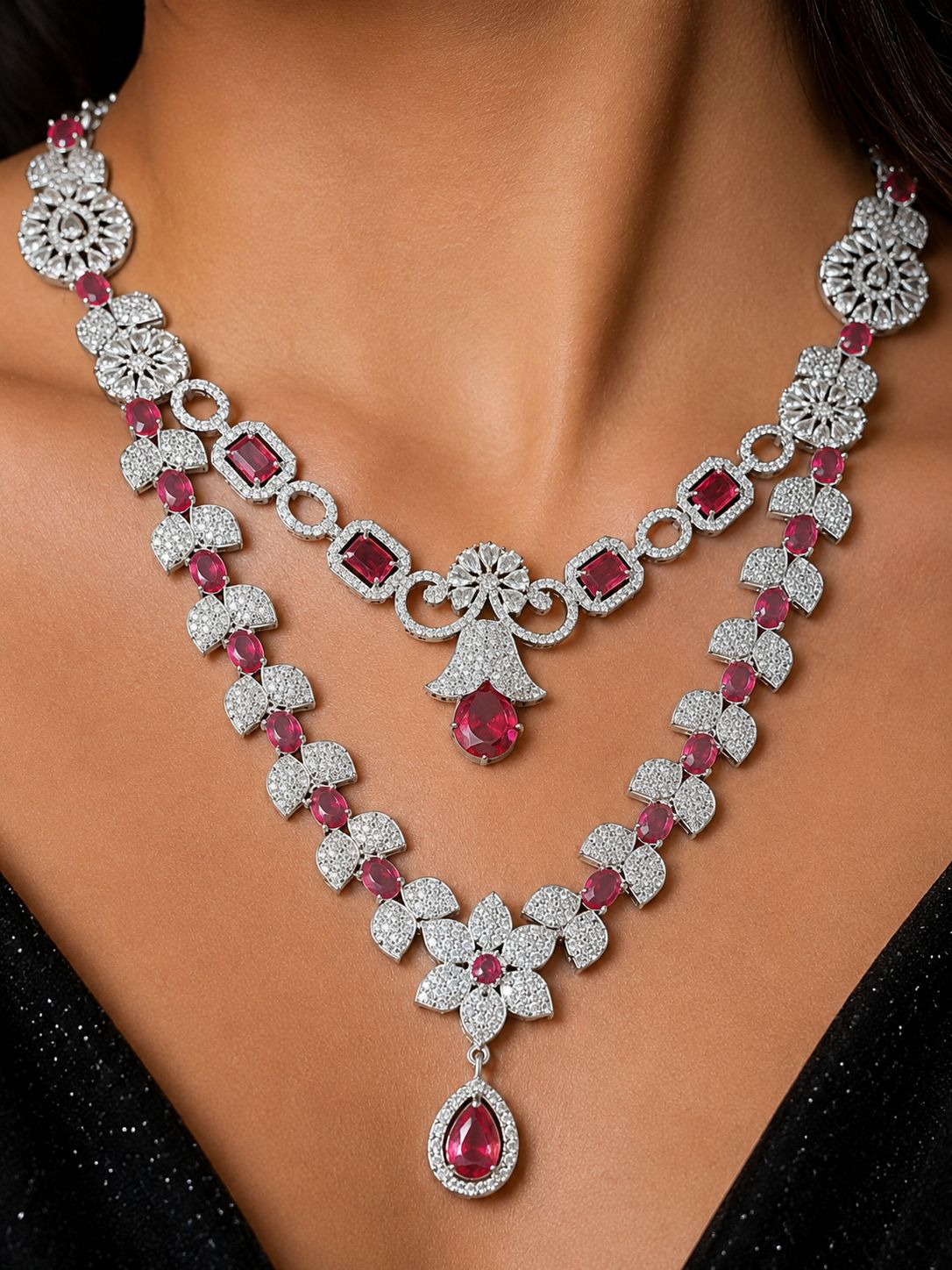 Ankuna Ruby Bloom Layered Necklace Set