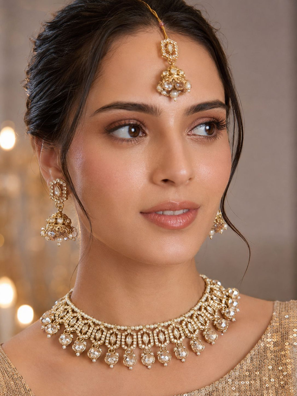 Ankuna Classic Pearl Crystal Choker Necklace Set