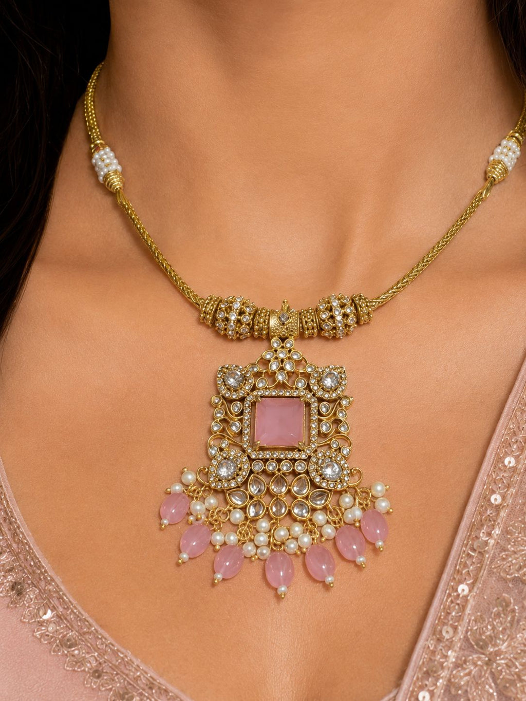 Ankuna Blush Square Pendant Necklace Set with Jhumka Earrings