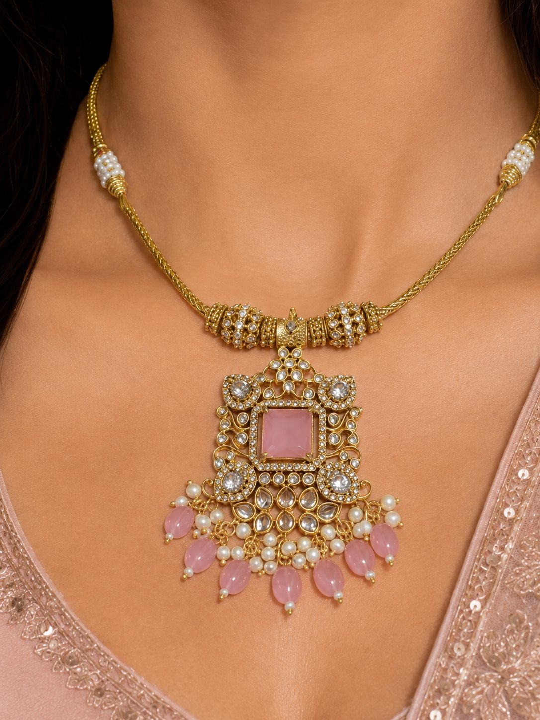 Ankuna Blush Square Pendant Necklace Set with Jhumka Earrings
