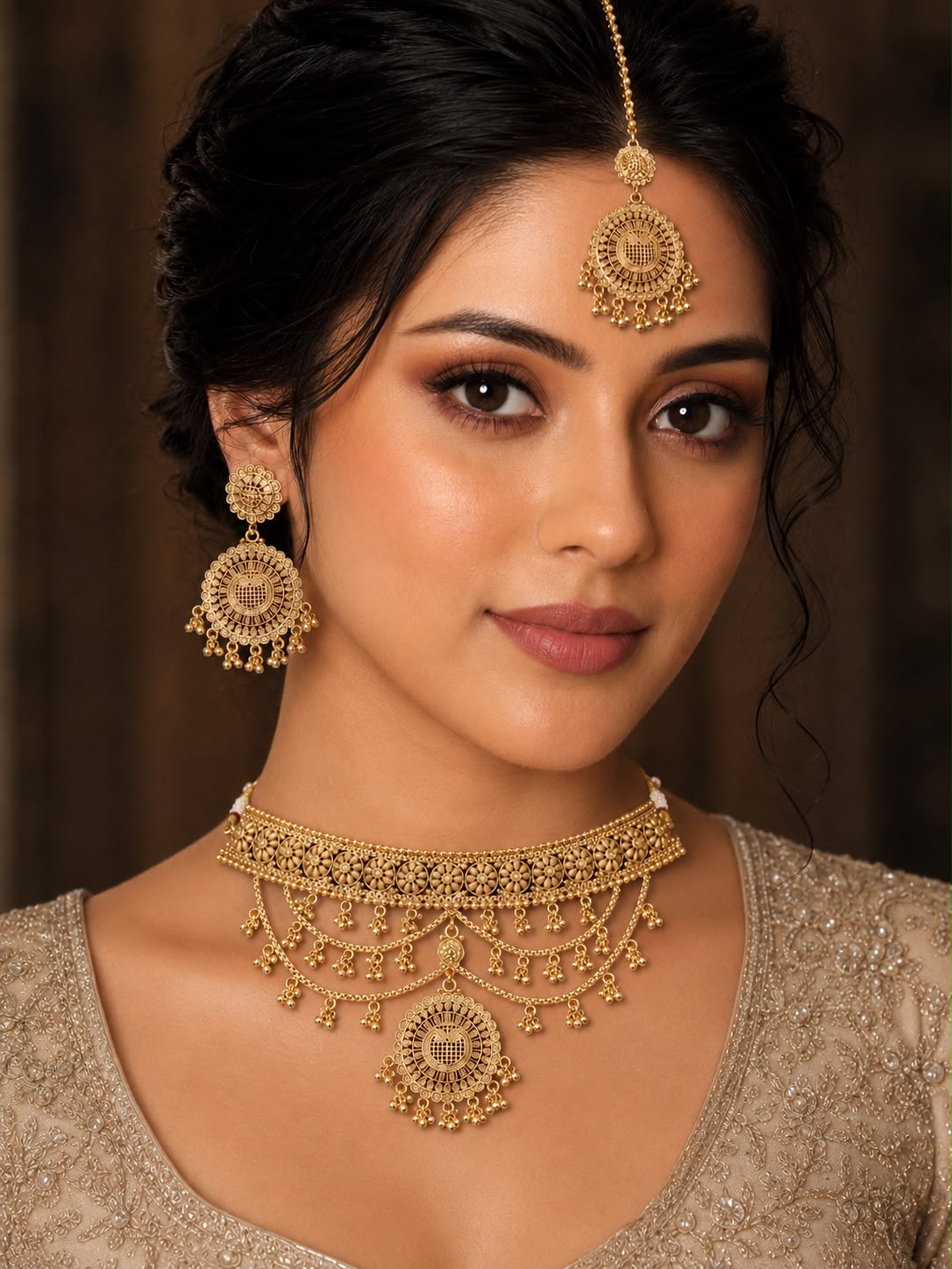 Ankuna Antique Gold Bridal Choker Necklace Set with Maang Tikka & Statement Earrings for Women
