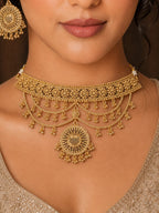 Ankuna Antique Gold Bridal Choker Necklace Set with Maang Tikka & Statement Earrings for Women