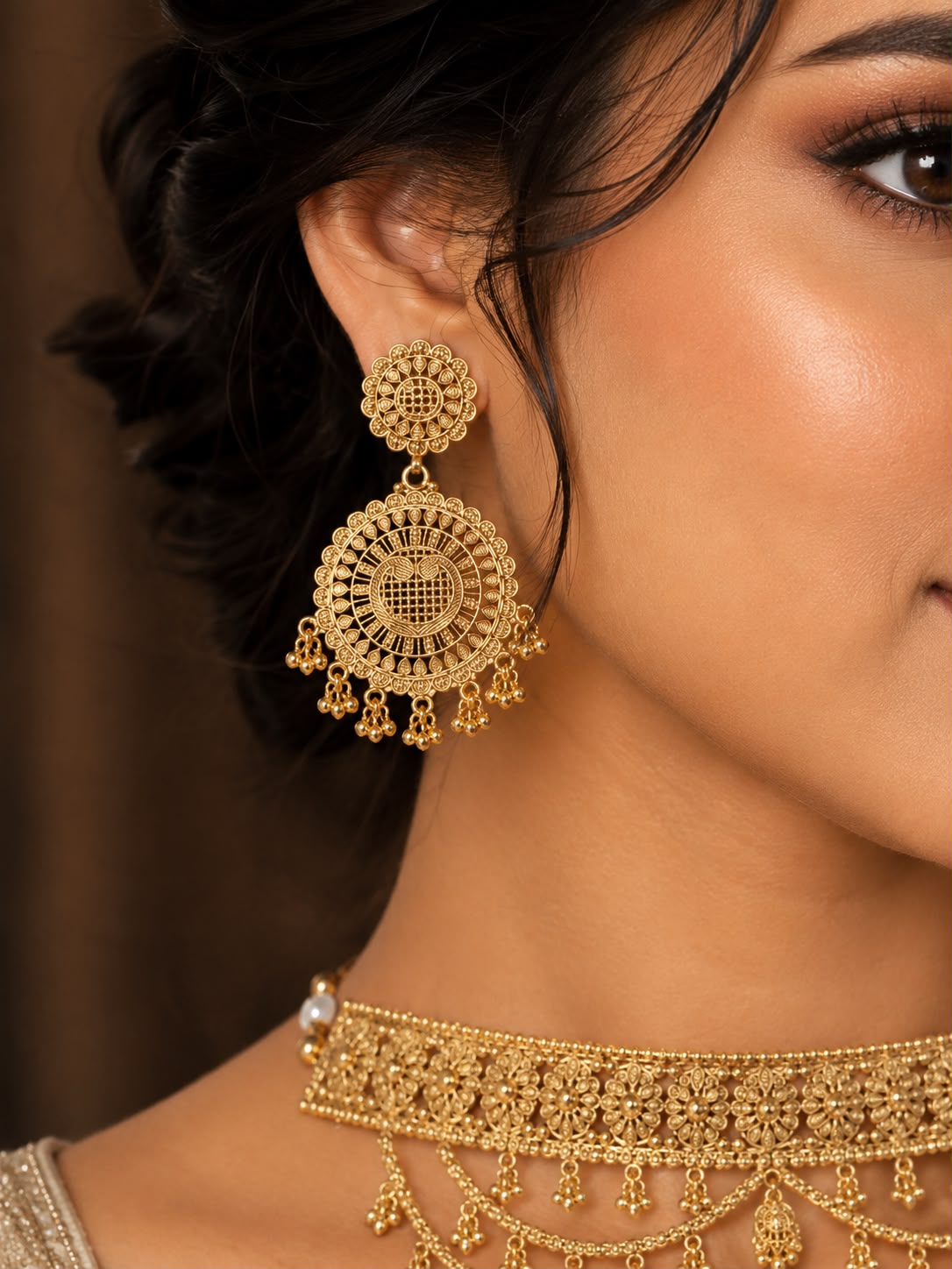 Ankuna Antique Gold Bridal Choker Necklace Set with Maang Tikka & Statement Earrings for Women
