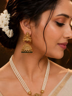 Ankuna Lakshmi Temple Pearl Necklace Set with Jhumka Earrings for Women | Antique Gold Finish
