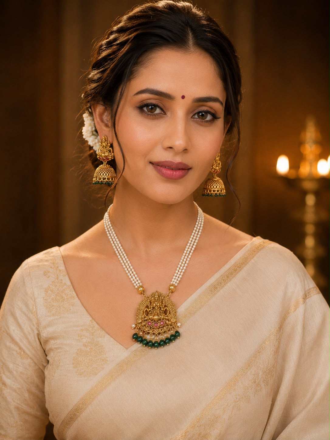 Ankuna Lakshmi Temple Pearl Necklace Set with Jhumka Earrings for Women | Antique Gold Finish