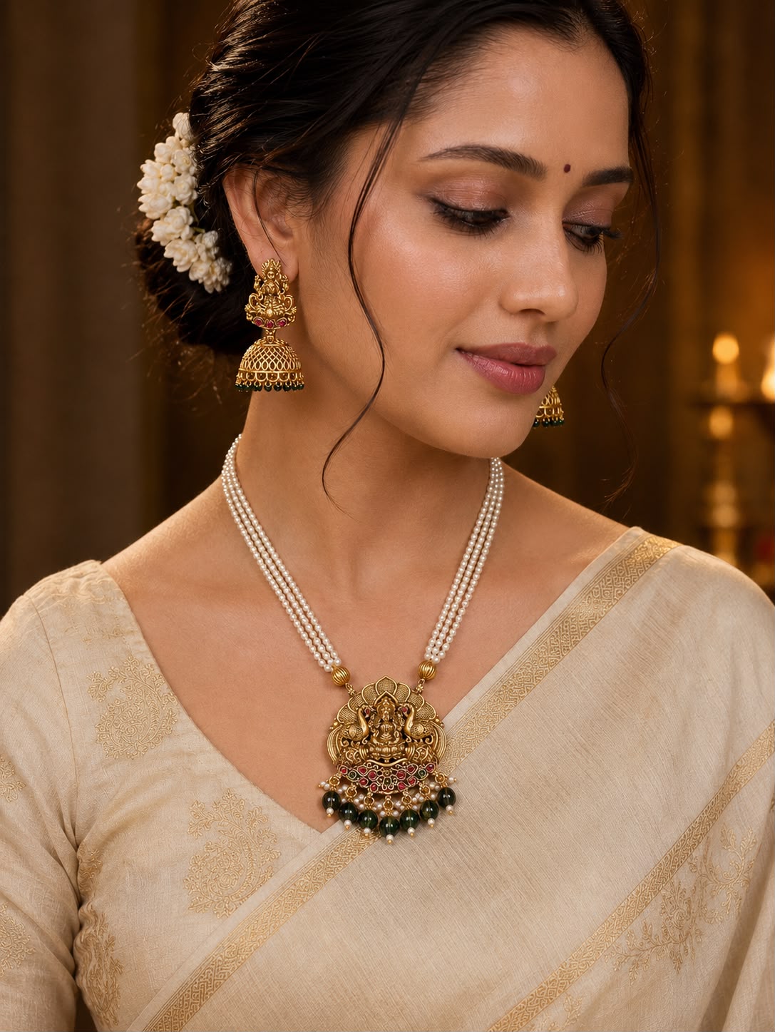Ankuna Lakshmi Temple Pearl Necklace Set with Jhumka Earrings for Women | Antique Gold Finish