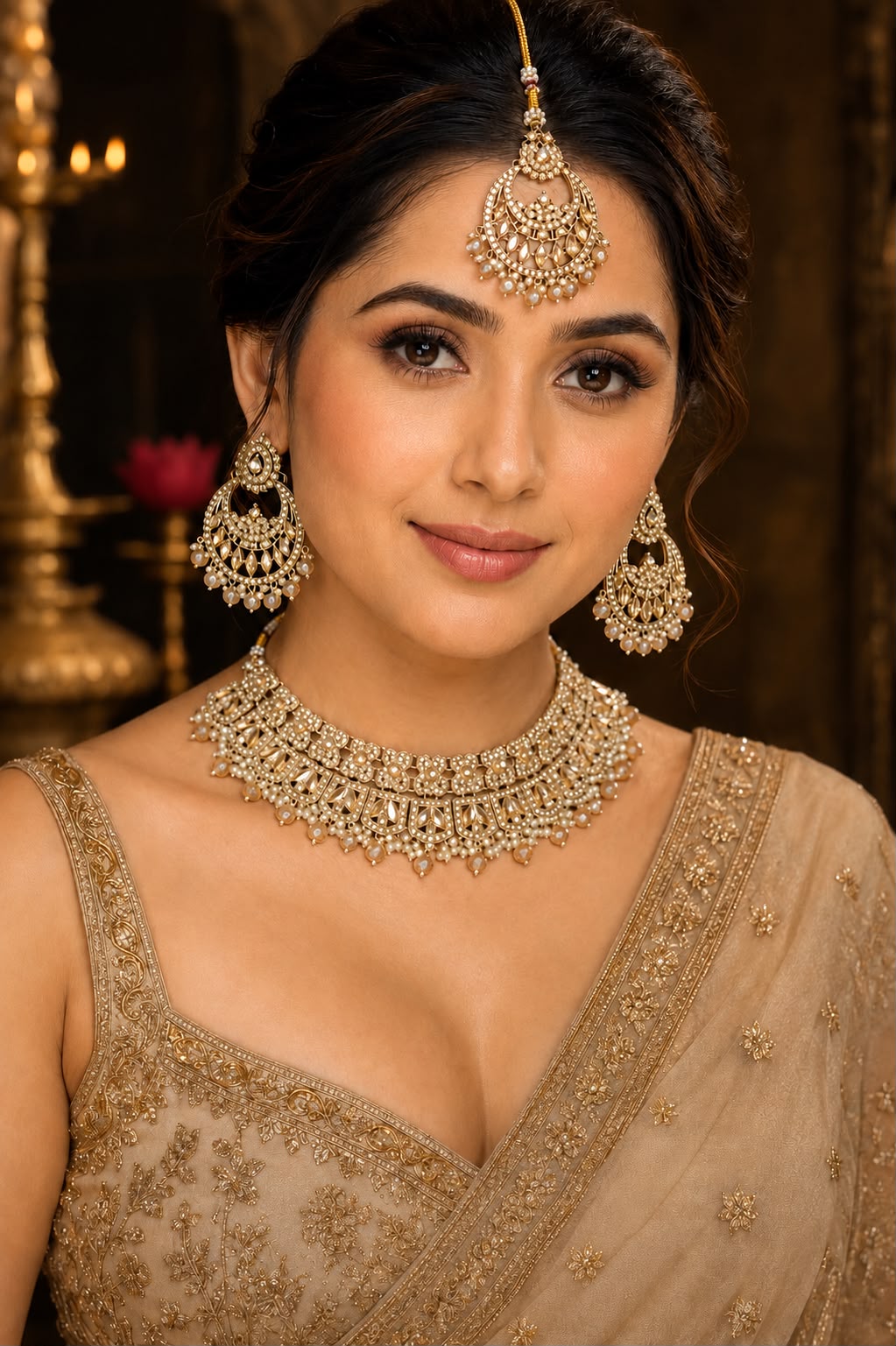 Ankuna Diamond Finish Bridal Choker Necklace Set with Earrings & Maang Tikka for Women